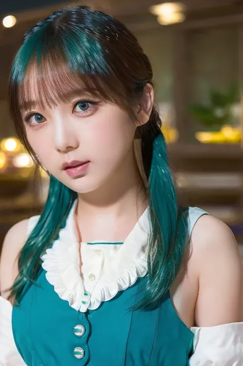 masterpiece)), ((best quality)), (ultra-detailed), ((kawaii)), cute, (lovely), ((extremely detailed)), 4K, (8K), best quality, (beautiful), dynamic angle, city, town, night, a cute girl, solo, beautiful turquoise green hair, (beautiful eyes), sailor suit,