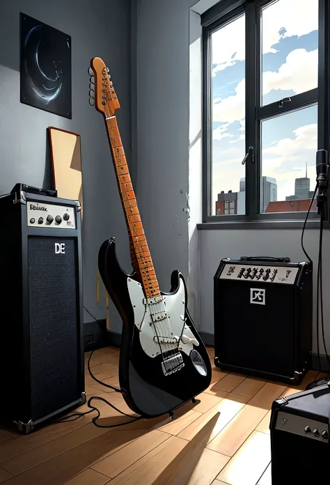 Black Stratocaster guitar and amp on the floor, in a studio room with a town view from the window, DC art style