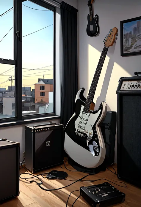 Black Stratocaster guitar and amp on the floor, in a studio room with a town view from the window, DC art style