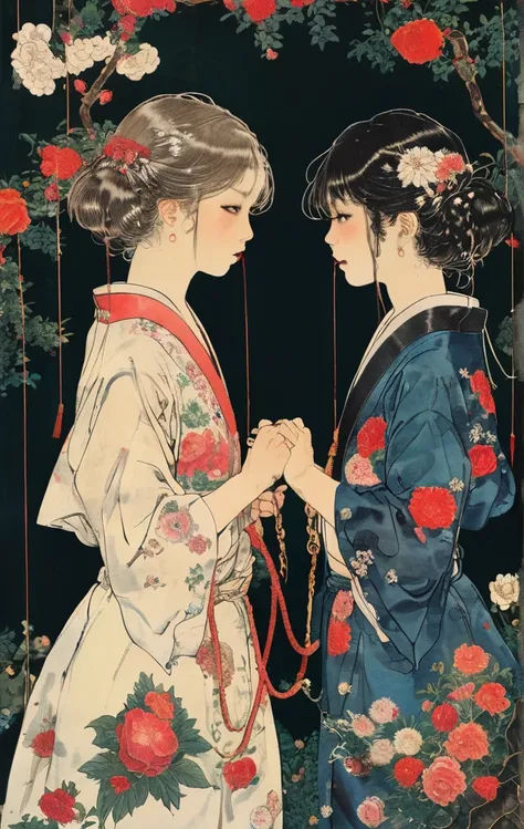 japanese line art    , two school girls in a garden tying each other up with chains and rope, knots, bdsm , floral damask background ,  in the style of  takato yamamoto   