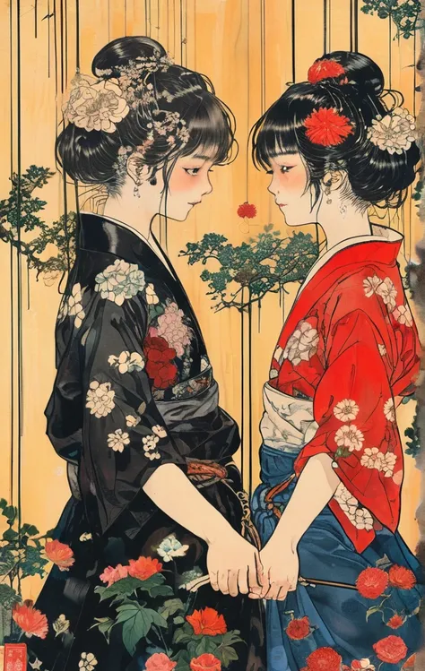 japanese line art    , two school girls in a garden tying each other up with chains and rope, knots, bdsm , floral damask background ,  in the style of  takato yamamoto   