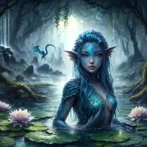 a painting of a woman with blue hair and a dragon in a swamp, water fairy, detailed fantasy digital art, breathtaking fantasy art, beautiful fantasy art, closeup fantasy with water magic, water everwhere fantasy, detailed fantasy art, very beautiful fantas...