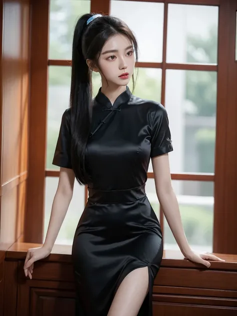 korean model , slim body , 167cm ，Movie Angle，long black ponytails hairstyle, （Cute girl,anatomy correct, long silky chinese qipao with short sleeves，（ art，geomerty），（plethora of colorest quality，high detail，tmasterpiece，Cinematic lighting effects，4K，Chiar...