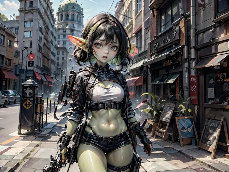 ((best quality)), ((masterpiece)), (detailed), goblin girl, (green skin), shortstack, wearing military gear, holding grenade lau...