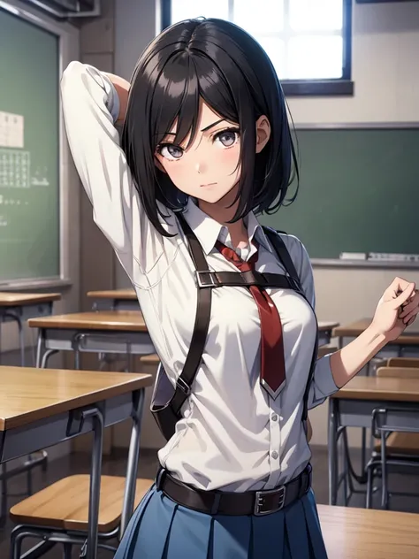 Mikasa, 1girl, as a highschool girl, wearing highschool gurl uniform, at a classroom, white shirt and blue skirt, black short hair, 8k, high detailed, high quality
