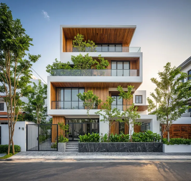 modern townhouse on street, (sunset), tropical tree, vivid colour, streetcapes, white tone, white wall, steel gate, rough white ...