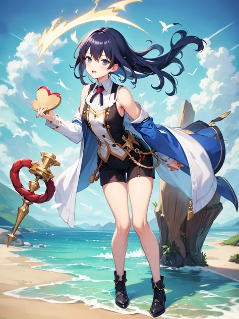 Femboy, off the sholder coast, short pants, magicians, hand holding staff, full body