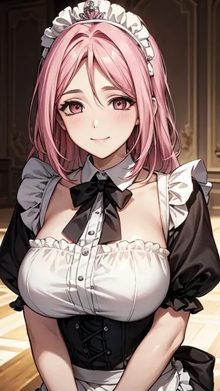 highest quality,masterpiece,8k,,big breasts,best style,droopy eyes,smile,pink hair,maid clothes