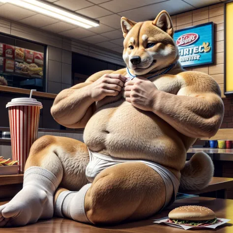 dad male shiba inu , slighly chubby with  blue eyes, no eyebrows, no pants white briefs ,white ankle socks , removing shirt , highly detailed lineart, realistic feet, 4k, best quality, masterpiece,fast food, vivid colors, physically-based rendering, hands ...