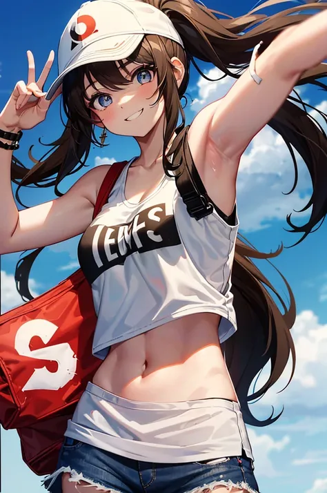 This character is a young girl with long brown hair tied in a high ponytail. She wears a white cap with a red symbol, a white tank top, a black sleeveless jacket, ripped denim shorts and black bracelets. She also has a gray shoulder bag. Her eyes are big a...