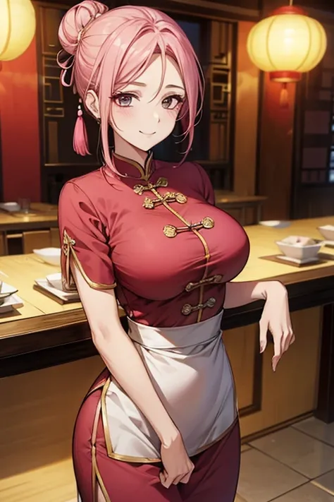 Highest quality,Masterpiece,8K,Ao Dai,,Big Breasts,Best Style,Droopy eyes,smile,Pink Hair,Hair Bun,Chinese restaurant,waiter,Are standing