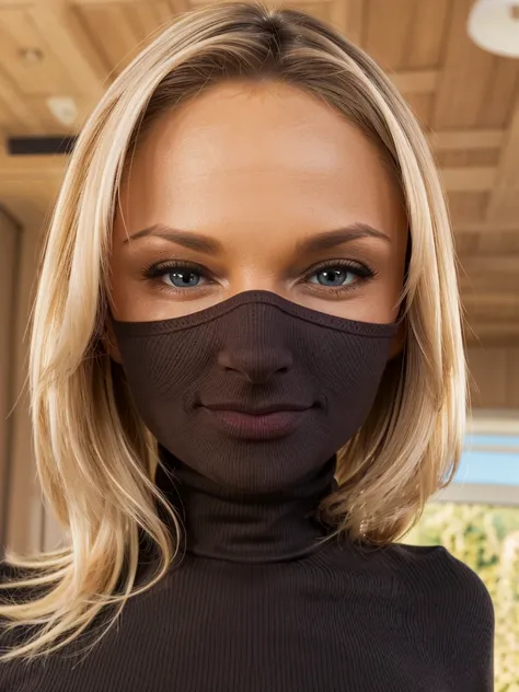 close up blonde ivana sugar wearing a dark brown tight ribbed turtleneck top blowing a kiss, sexy inviting girl