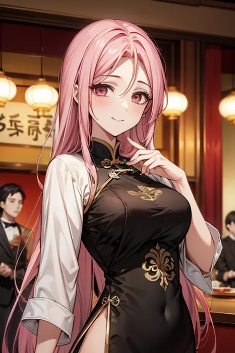 highest quality,masterpiece,8k,ao dai,,big breasts,best style,droopy eyes,smile,pink hair,,chinese restaurant,waiter,