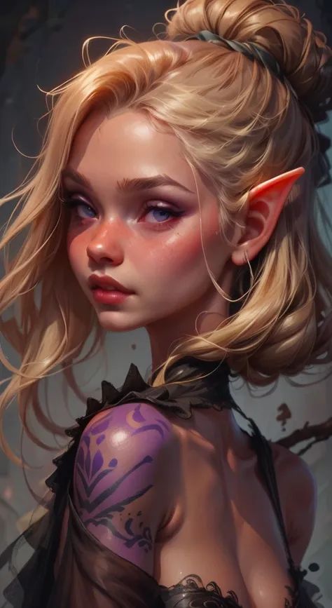 a close up of a woman with a purple tattoo on her arm,  nude, huge boobs, thick charlie bowater art style, neoartcore and charli...