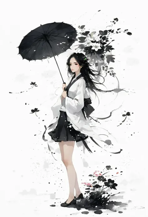 艺术ink painting，立体ink painting，minimalism，minimalism的图形，minimal art，chinese anime girl，whole body，chinese，，ink painting，umbrella，...