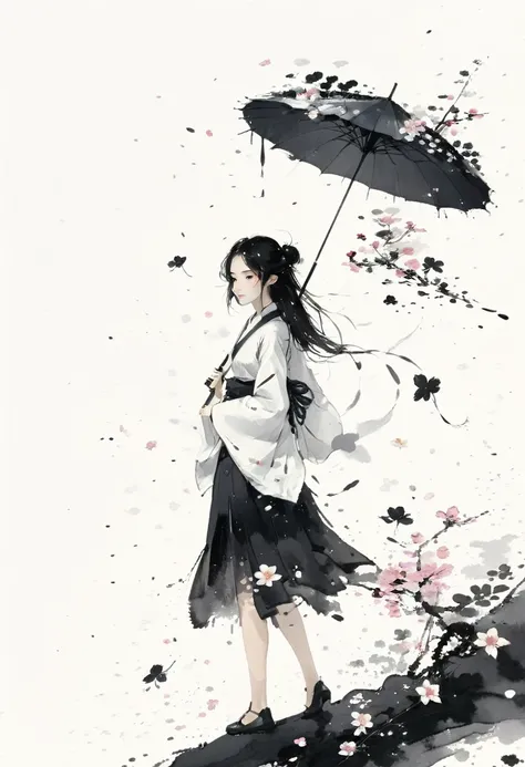 艺术ink painting，立体ink painting，minimalism，minimalism的图形，minimal art，chinese anime girl，whole body，chinese，，ink painting，umbrella，...