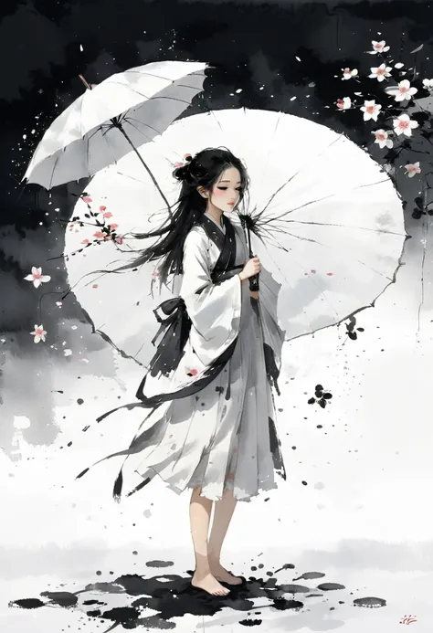 艺术ink painting，立体ink painting，minimalism，minimalism的图形，minimal art，chinese anime girl，whole body，chinese，，ink painting，umbrella，...