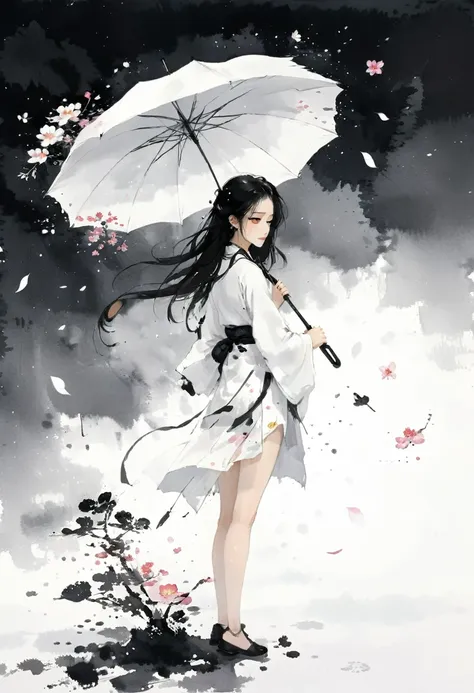 艺术ink painting，立体ink painting，minimalism，minimalism的图形，minimal art，chinese anime girl，whole body，chinese，，ink painting，umbrella，...