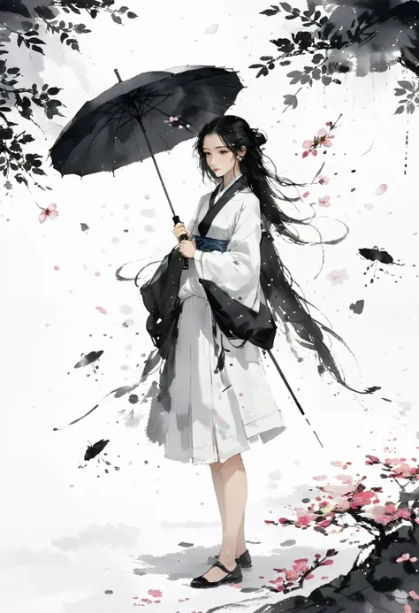 艺术ink painting，立体ink painting，minimalism，minimalism的图形，minimal art，chinese anime girl，whole body，chinese，，ink painting，umbrella，...