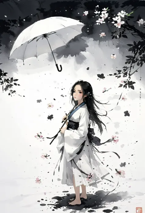 艺术ink painting，立体ink painting，minimalism，minimalism的图形，minimal art，chinese anime girl，whole body，chinese，，ink painting，umbrella，...