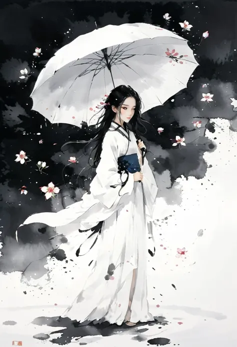 艺术ink painting，立体ink painting，minimalism，minimalism的图形，minimal art，chinese anime girl，whole body，chinese，，ink painting，umbrella，...