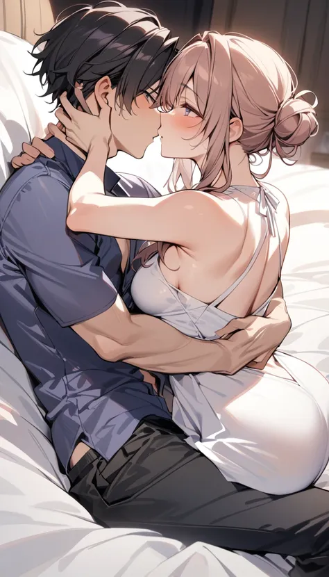 anime couple kissing on bed with white sheets and wooden wall