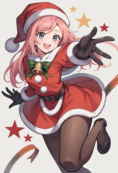 masterpiece,1 Girl, Serena,pink_hair, Gloves, Black_Gloves, fur_prune, have, Santa Claus_Costumes, Christmas, Open_Mouth, Smile, bell, Solitary, Red_Headdress, Pantyhose, White_background, pink_Eye, Santa Claus_have, 