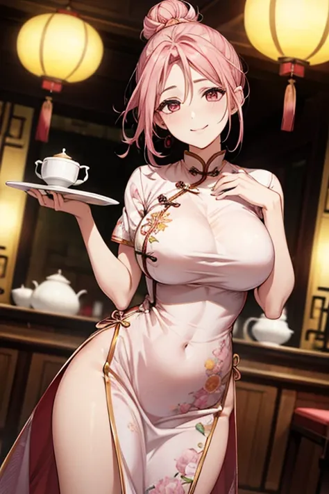 Highest quality,Masterpiece,8K,China Long Dress,Big Breasts,Best Style,Droopy eyes,Bright smile,Pink Hair,Hair Bun,Chinese restaurant,waiter,From the thigh up