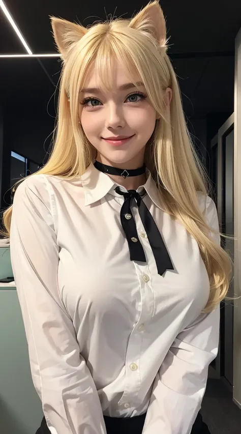 Browsing Caution, masterpiece, (Highest quality:1.2), (Sharp focus:1.2),, 1 Girl, Slim girl,, (blonde|Light_Yellow Hair), Cat ear,, Detailed face, young|Cute face, blush, Wicked Smile,, Natural Breasts, Thin arms,, White collared shirt and black tie, Black...