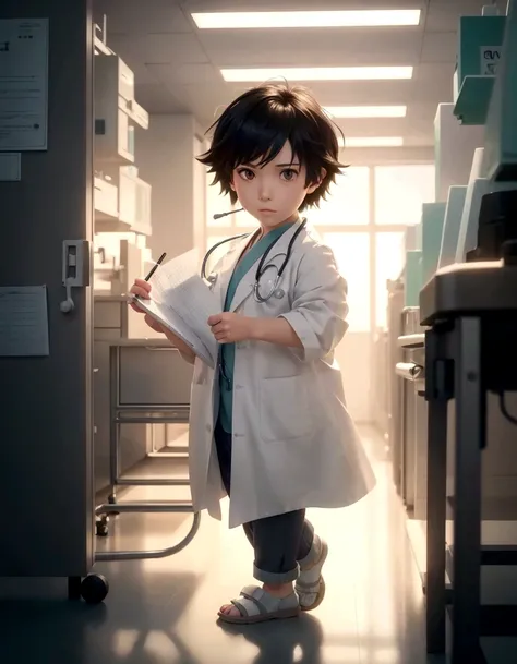 2 year old boy anime character short black hair in lab coat holding clipboard in hallway, doctor, in lab coat, makoto shinkai. digital rendering, (doctor), makoto shinkai. —h 2160, guweiz-style artwork, todays featured anime still, ( (makoto shinkai ) ), w...