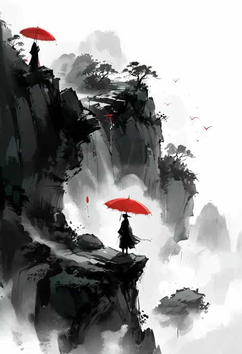 a simple one,minimalist illustration, 1 red umbrella hanging in the air,tassels on umbrellas,solitary figure,on the edge of a cl...