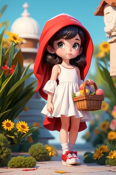 8 year old girl, wearing a red cape hood and white dress, carrying a basket.