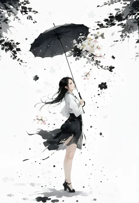 艺术ink painting，立体ink painting，minimalism，minimalism的图形，minimal art，chinese anime girl，whole body，chinese，，ink painting，umbrella，...