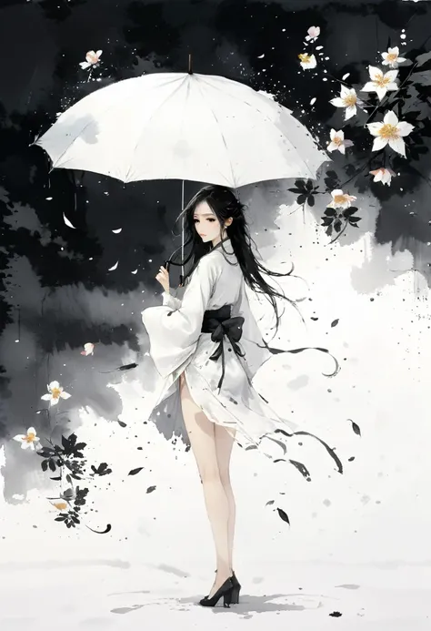 艺术ink painting，立体ink painting，minimalism，minimalism的图形，minimal art，chinese anime girl，whole body，chinese，，ink painting，umbrella，...