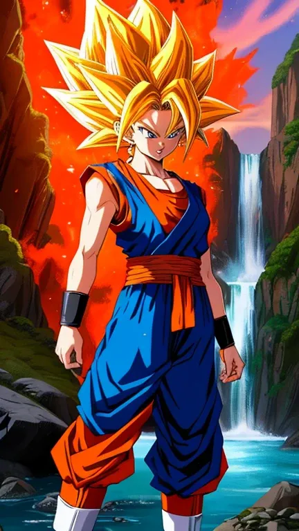 female son goku from dragon ball, in his iconic orange and blue outfit, powering up to super saiyan with golden hair and aura, s...