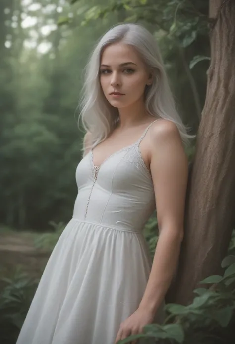 a beautiful woman with long silver white hair,piercing violet eyes,detailed face,pale skin,high cheekbones,delicate features,wearing a flowing silver dress,standing in a serene meadow with lush green grass and wildflowers,sunlight streaming through the tre...