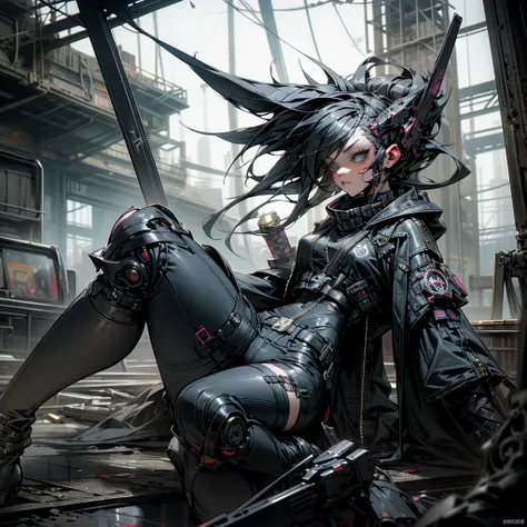 1 girl, 1 solo girl, punk clothes, gothic, cyberpunk weapons, destroyed city, beautiful hair punk, beautiful and detailed eyes, ...