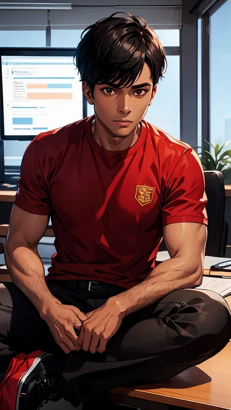 man1,(black skin),round face,brown eyes,black hair,fade haircut,red shirt,pants,(Office room,Sitting behind a desk),HD,highly detailed