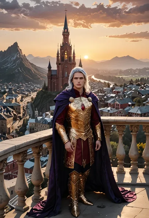 (masterpiece, 8K, UHD, best quality), majestic portrait of a man, (long silky silver hair), (piercing violet eyes), (intricate armor), flowing cape, (gold and ruby details), (standing on a balcony of a high tower), (landscape of a beautiful medieval city i...