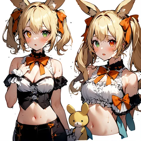 1girl, animal ears, bangs, bare shoulders, blonde hair, blush, bow, breasts, white cleavage, cropped torso, , green eyes, hair ribbon,On the riverbank, night, wet hair, wet tail heterochromia, stlooking at viewer, open mouth, orange bow, orange eyes, orang...