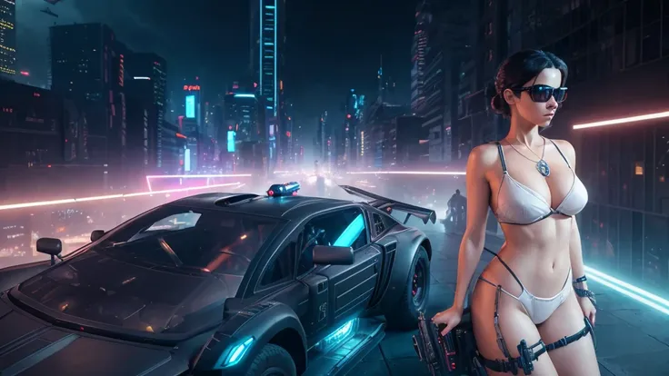 20-year old large-breast woman with cleavage:1.4, 1woman, solo, 3D neon art of a womans body, matrix style black micro sunglasses, (((aiming with a short gun))), (looking at camera), aerial view of blade runner neon-noir city background, (((flying car) abo...