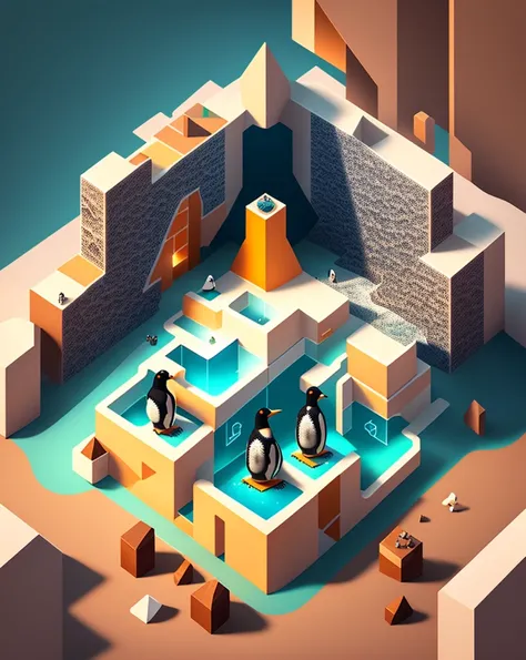 3 penguins looking for a treasure chest on a puzzle map,Beautifully sophisticated，cube，Sea view，iceberg，Creative scene design，trending on Art Station, Monument Valley, Level Design, Low Poly, Isometric Art, 3D Art, High Detail, Art Station, Concept Art, be...