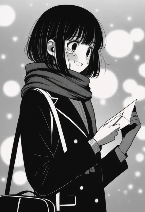 masterpiece, best quality, 1girl, mamerakkkkko, grayscale, manga style, japanese, chi no wadachi, black eyes, street, iced, black hair, schoolbag, smile, lineart, black coat, black scarf, black pleated skirt, leggings, centered, 18 years old, tall, fair sk...