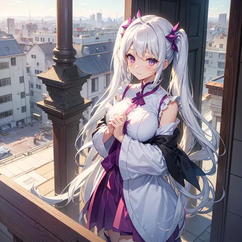 1_girl, solo, best quality, masterpiece, , ,short, huge breasts, white hair,low twintails, purple eyes, yukine chris, thin twintails,  (((shy))), (happy), wearing a white cheongsam, upper body portrait, morning sunrise on the balcony background, standing t...