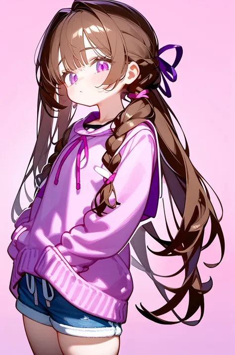 a girl with long brown hair with her hair tied in two backs using a purple ribbon, wearing pink clothes with a collar and long s...