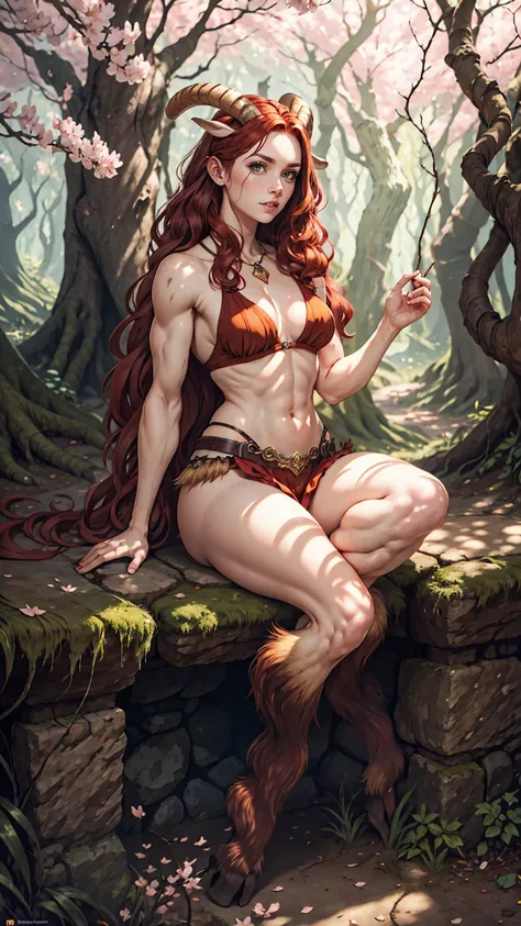 red hair,A faun female in the forest, satyr, woman, fantasy(masterpiece, best quality, photorealistic, detailed shiny skin:1.2), flawless, 8k, RAW, highres, (dark night:1.1), goat legs, furr legs, hooved, goat horns, beard, long black hair, looking at view...