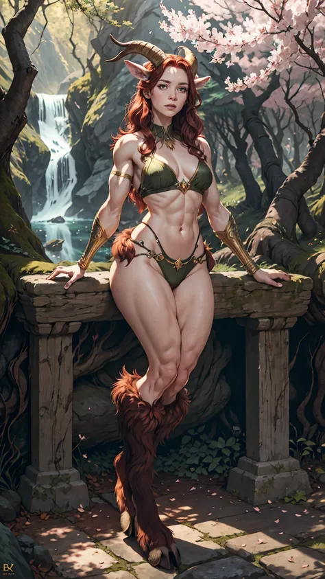 red hair,A faun female in the forest, satyr, woman, fantasy(masterpiece, best quality, photorealistic, detailed shiny skin:1.2), flawless, 8k, RAW, highres, (dark night:1.1), goat legs, furr legs, hooved, goat horns, beard, long black hair, looking at view...