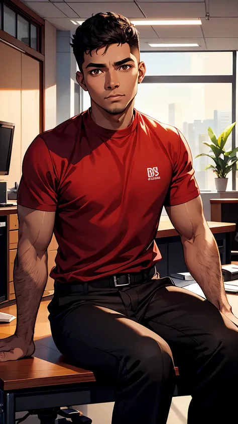 man1,(black skin),round face,brown eyes,black hair,hairless fade haircut,red shirt,pants,(Office room,Sitting behind a desk),HD,highly detailed