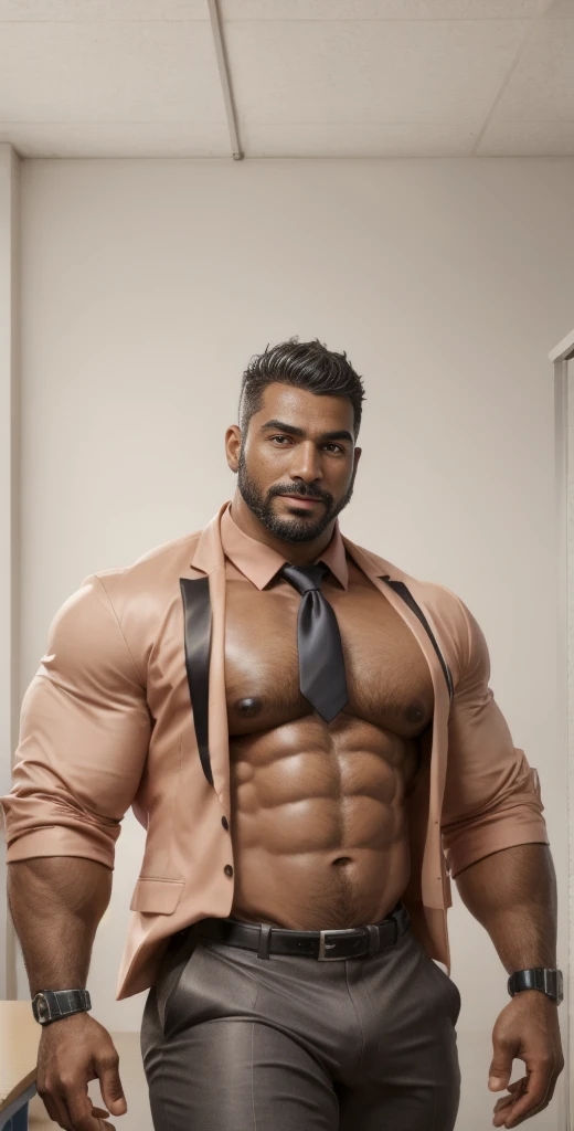 1boy, European, solo, facial hair,34 yrs old, dom, male focus, bara, muscular, mature male, muscular male, beard, short hair, thick eyebrows, brown-skinned male, thighs, fancy suit, dark skin, tie, tight black t-shirt, tight pants, open red jacket, tie, cy...