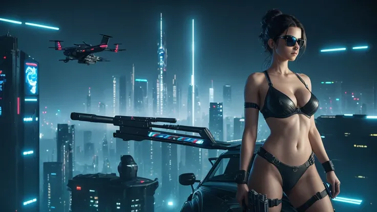 20-year old large-breast woman with cleavage:1.4, 1woman, solo, 3D neon art of a womans body, matrix style black micro sunglasses, (((aiming with a short gun))), (looking at camera), aerial view of blade runner neon-noir city background, (((flying car) abo...